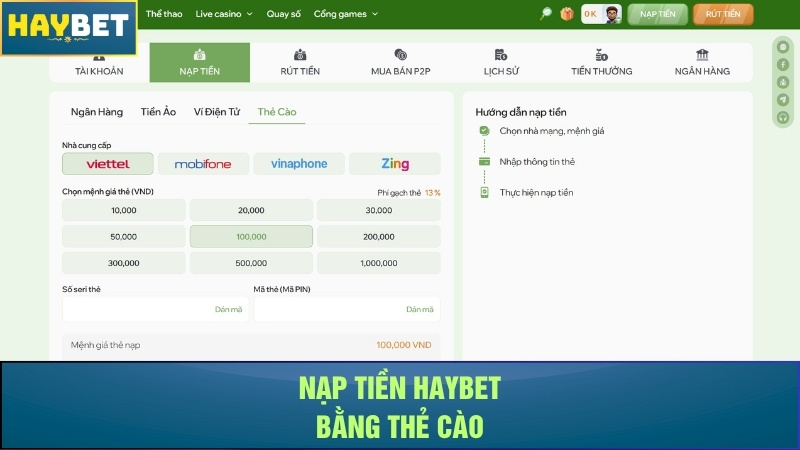 Nạp tiền Haybet bằng thẻ cào điện thoại Nạp tiền Haybet bằng thẻ cào điện thoại